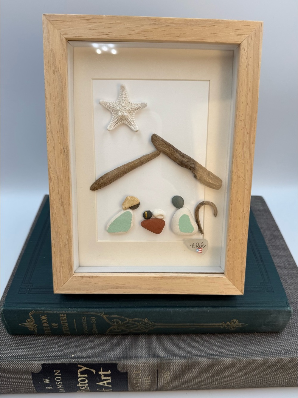Sea Glass Nativity Art, Driftwood Pebble Christmas Decor, Framed W. Rios 7.5”